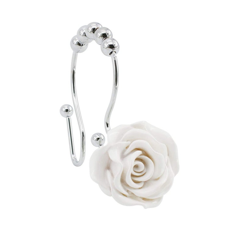 BEAVO Rose Shower Curtain Hooks,12 Pcs Double Glide Shower Curtain Rings Stainless Steel Rustproof Decorative Shower Hook Ring with Resin Rose Flower for Bathroom Shower Rods (White) - Image 5